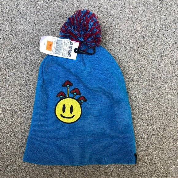 ALAB Other - ALAB Pom Beanie Happy Face Mushrooms Hat Cap Blue Ribbed Winter Brand New​​